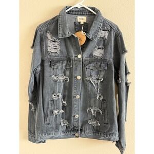 BIBI NWT Distressed Denim‎ Jacket Dark Wash Ripped Holes Button Front Women's L